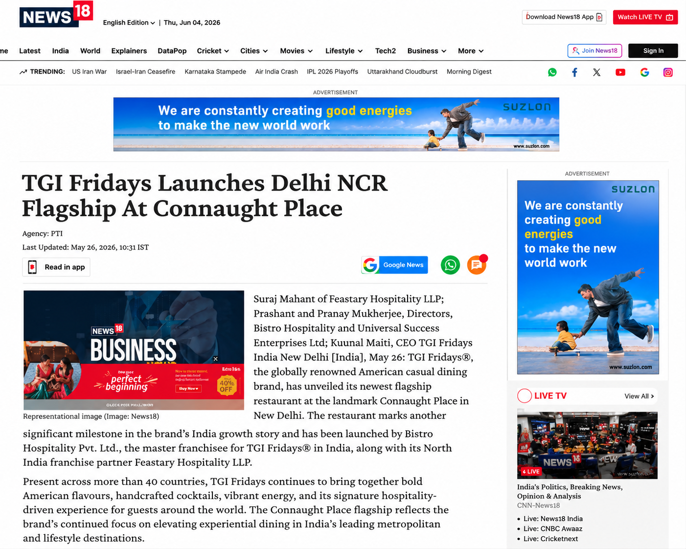 TGI Fridays Delhi NCR Flagship Launch